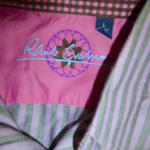 ROBERT GRAHAM SHIRT Purple black stripe contrast cuff cotton L - Picture 10 of 10